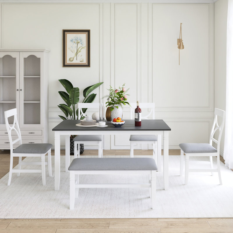 Ensemble de table de salle à manger 6 pièces avec cadre en bois et banc