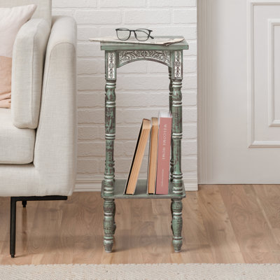 Aria Hand Carved Solid Wood End Table with Open Shelf Storage