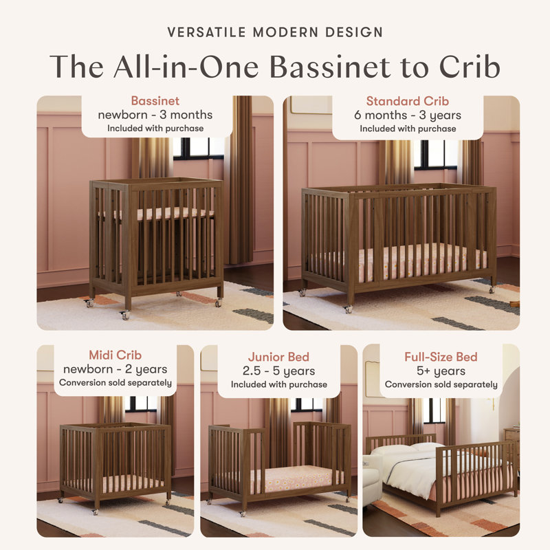 Rolli 9-in-1 Convertible All-Stages® Crib with Bassinet & Toddler Bed Conversion Kits, Natural Walnut