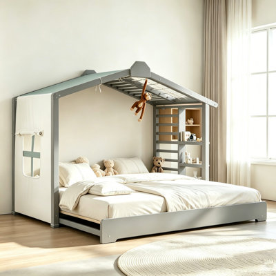 Lit simple de style bas Montessori Playhouse avec lit gigogne coulissant, tablettes de rangement et tente roulante