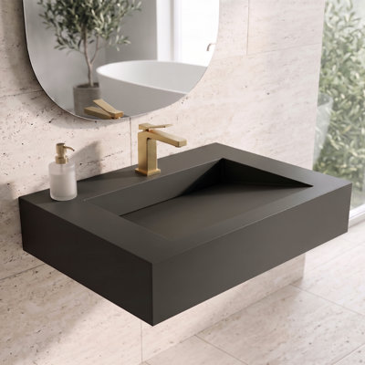 Lavabo de salle de bain mural rectangulaire à surface solide 36 po Pyramid - fini noir mat - avec trou pour robinet