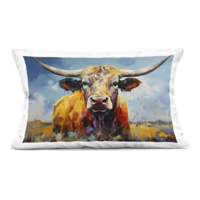 Moody Longhorn Portrait Decorative Printed Throw Pillow design by LSR Creative Studio