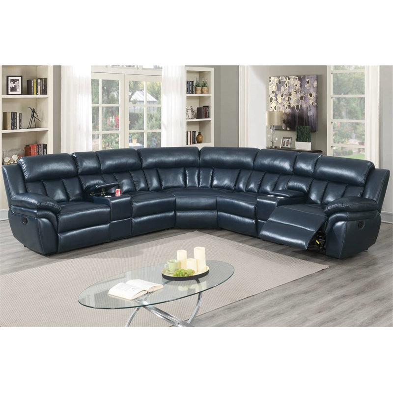 Davyen Faux Leather Power Reclining Sectional Symmetrical, Navy Faux Leather
