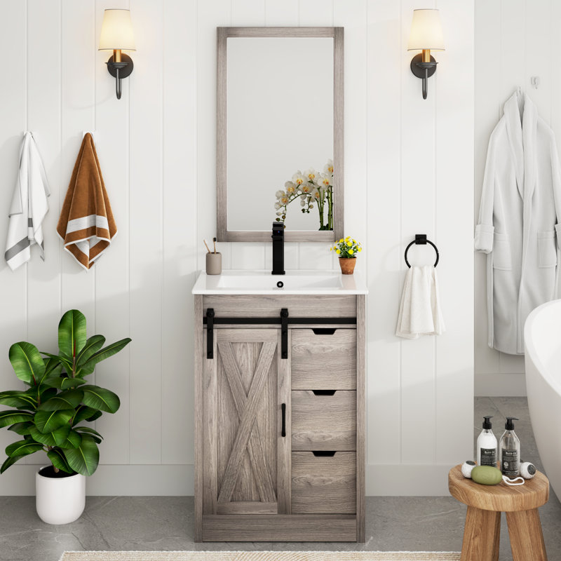36" Bathroom Vanity With Sink, Faucet, Mirror, Sliding Barn Door, And Drawers, Natural, 24"