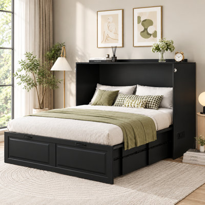 Black Murphy Bed with Power Outlets and Large Storage Drawer for Home Office or Small Room