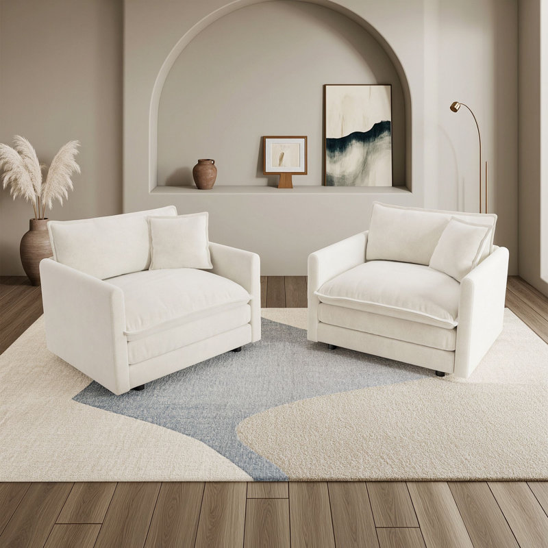 Ensemble de 2 fauteuils d'appoint en chenille avec coussins décoratifs et coussins en mousse épaisse, White