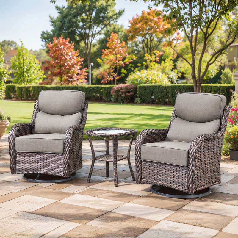 Wickes 3 Piece Patio Set Outdoor Wicker Glider Rocking And Swivel Chairs With Cushions, Brown, Gray