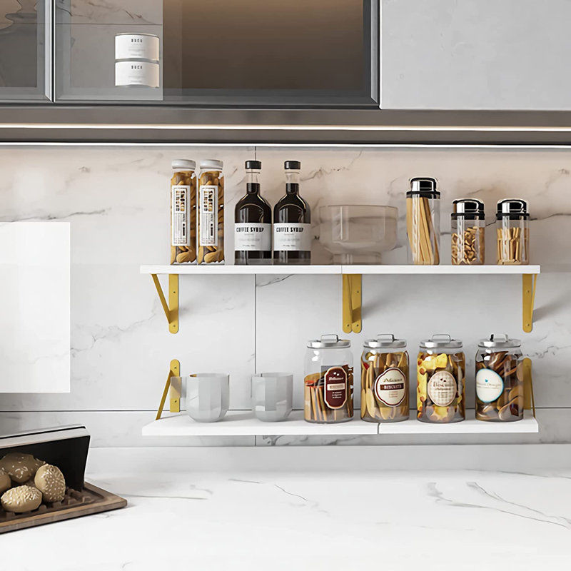4-Piece Paulownia Wood Floating Shelves Wall Mount Bracket Shelf, White, Gold