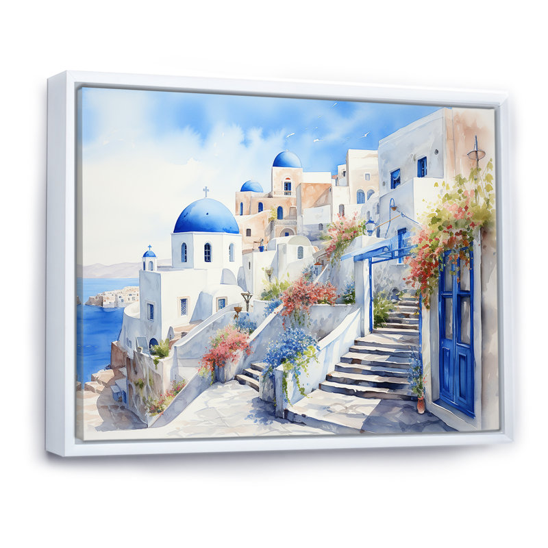 «Blue and White Santorini Village I», art mural Grèce, Cadre flottant blanc,  H 30 po x l 40 po x P 1,5 po