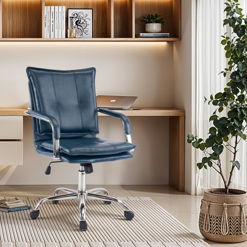 Chaise de travail en cuir Dareece avec accoudoirs rembourrés, Bleu très foncé