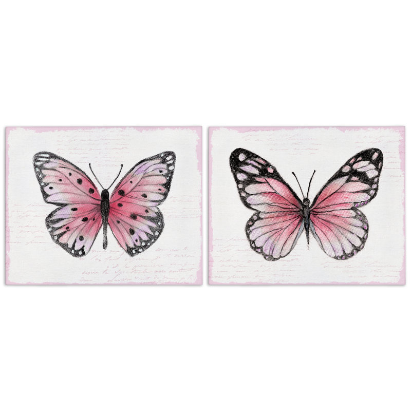 «Pink Butterflies with Vintage Cursive», ensemble d'art mural sur toile 2 pièces, design par Janet Tava, H 16 po x l 20 po