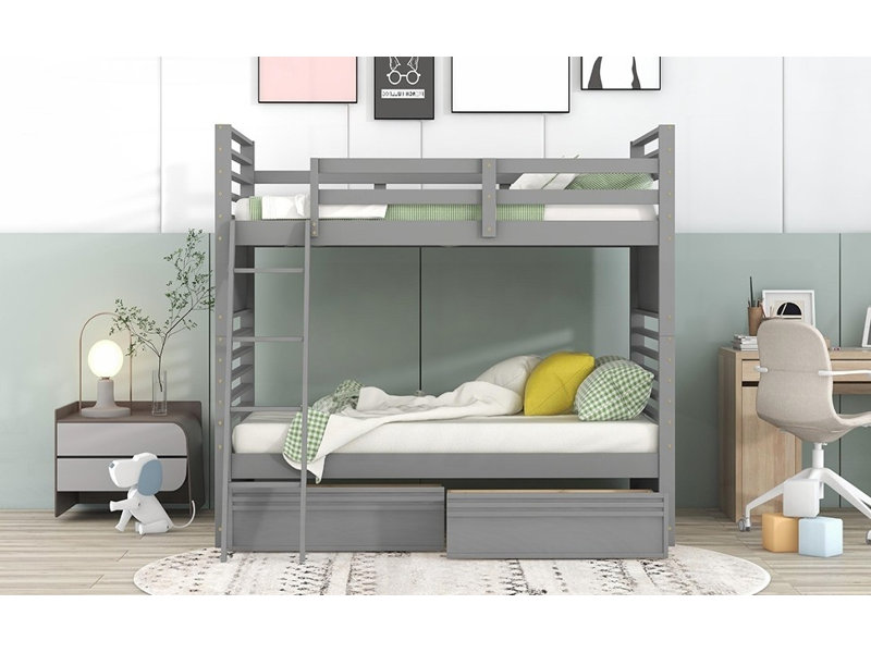 Lit superposé simple en bois avec deux tiroirs - gris (peu encombrant, robuste et durable), gris