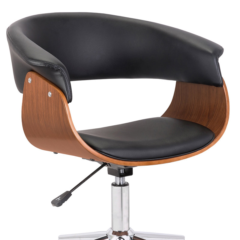 Casler Mid-Century Office Chair with Open Back in Faux Leather, Walnut Veneer and Chrome Finish, Black