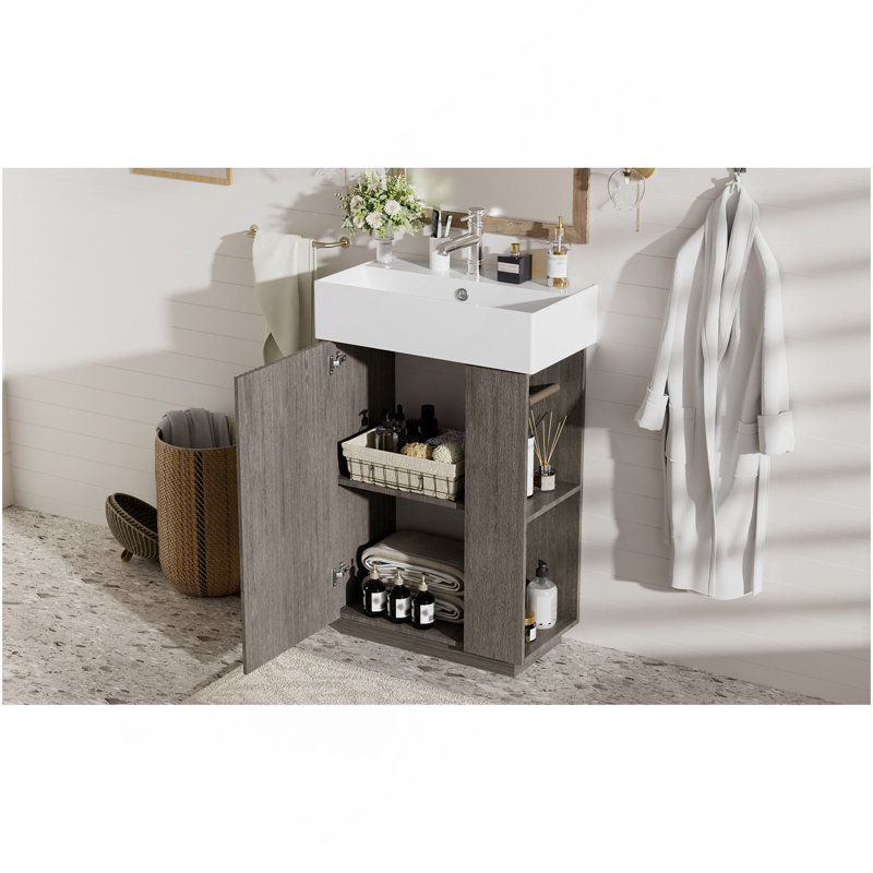 Video21.6" Bathroom Vanity With Ceramic Sink, Freestanding Modern Left Door Wood Grain Cabinet With Open And Closed Storage