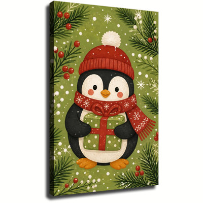 Adorable Penguin Holding Christmas Gift Box With Pine Foliage, Cute Winter Holiday Canvas Wall Art For Seasonal Home Decoration