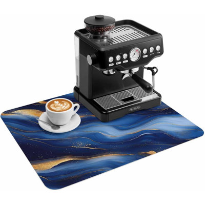 Tapis de cuisine/bar à café, sous-tapis de table/cafetière, motif ondulé abstrait sans couture, absorbant et antidérapant, 45,7 x 76,2 cm (18 x 30 po), texture or et bleu royal, 45,7 x 76,2 cm (18 x 30 po).