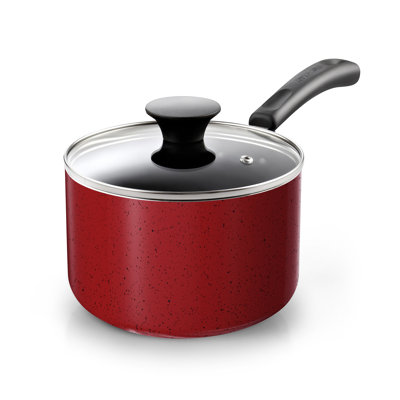 Cook N Home Basic 1 Quart Nonstick Saucepan with Glass Lid, Small Non Stick Aluminum Sauce Pan, Multi-Purpose Milk Chocolate Cooking Pot with Stay-Cool Handle, Marble Red
