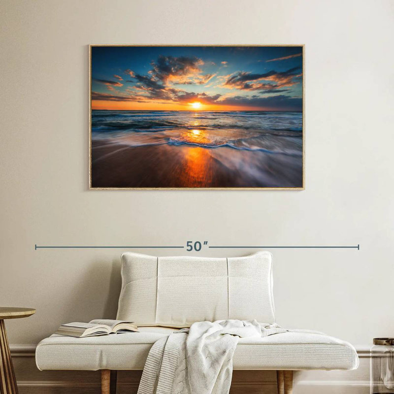 Été, océan, lever de soleil, Cadre flottant en bois naturel, 40 po x 27 po