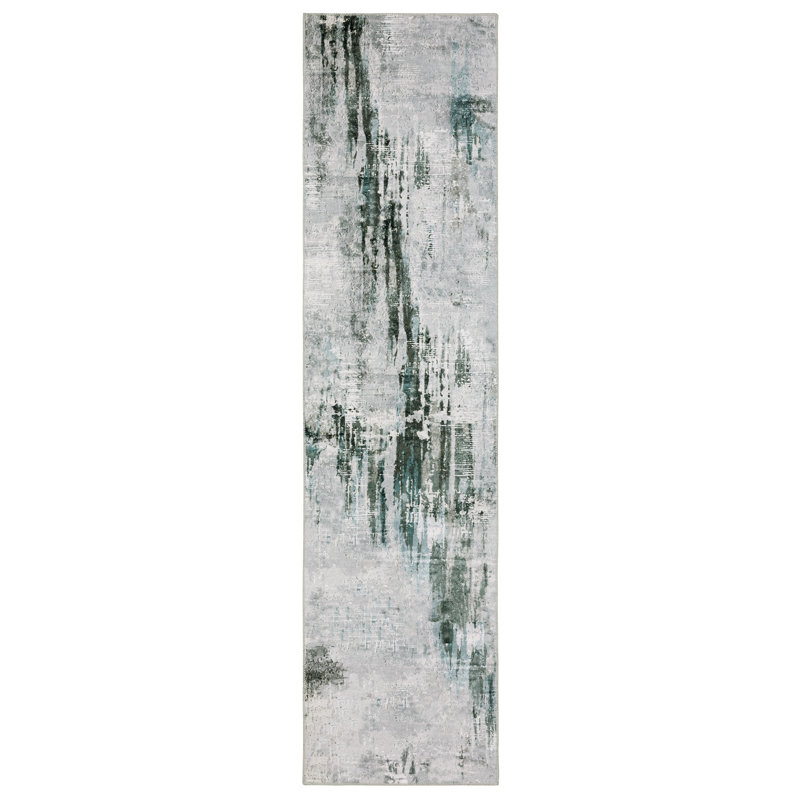 Tapis gris / bleu sarcelle antidérapant Matney, Tapis de couloir 2 pi x 8 pi