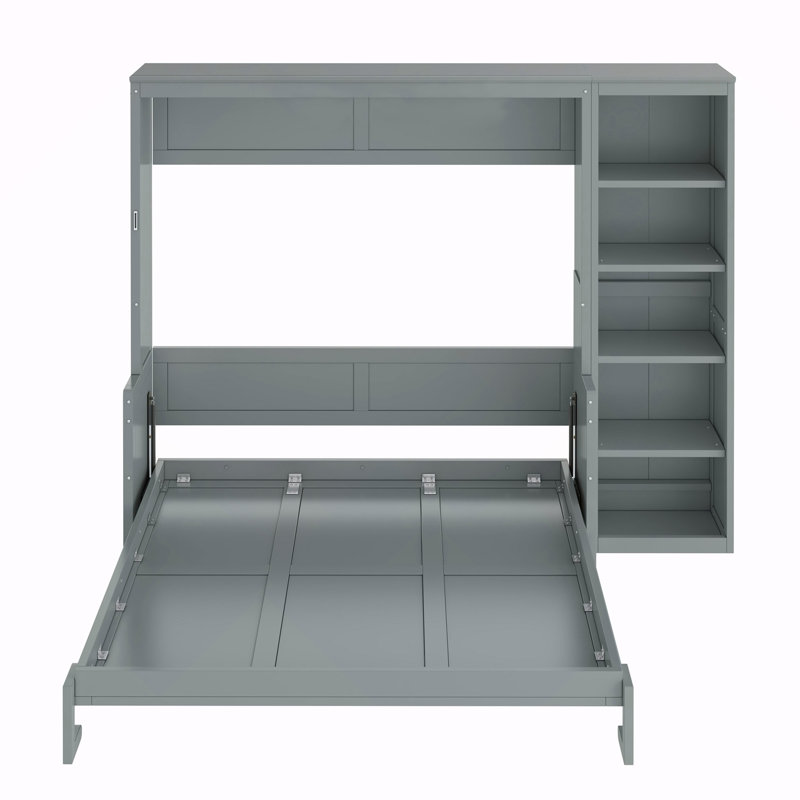 Grand lit escamotable avec bureau et bibliothèque, gris, Grey