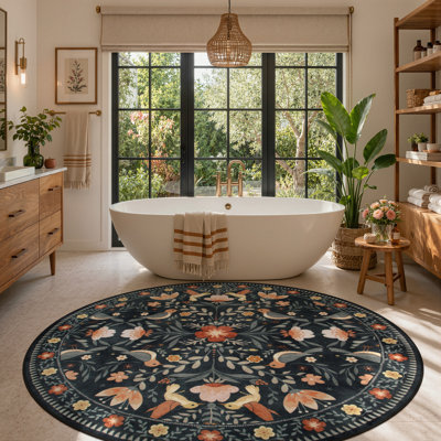 Goldene Boho Bird Area Rug Washable Rugs for Living Room, Large Floral Bedroom Carpet Low-Pile