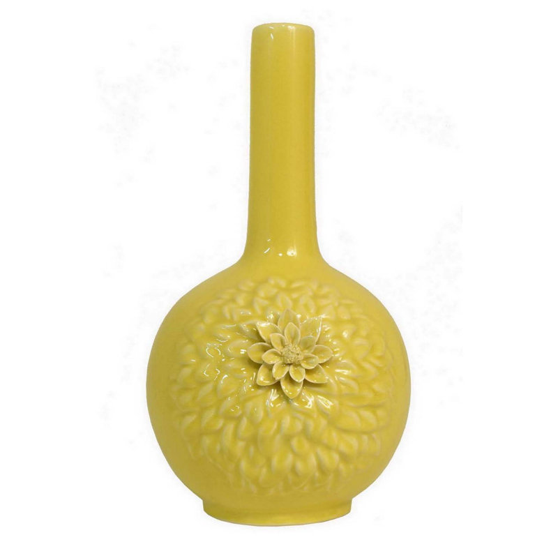 Remi Flower Vase, Narrow Neck, Ceramic W Floral Motifs, 16 Inch, Yellow
