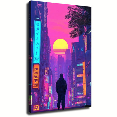 Œuvre d'art cyberpunk au coucher du soleil et vaporwave : vue d'une ville dystopique au néon. Grande toile tendue sur châssis, idéale pour le salon ou la chambre.
