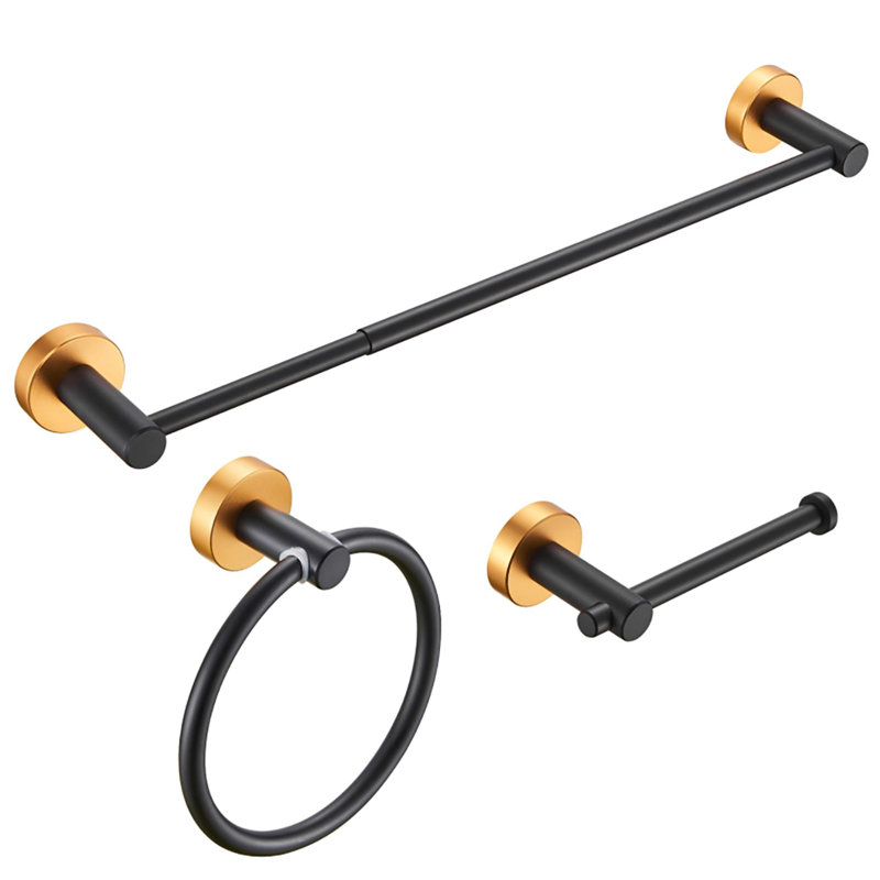 Durable High Quality Wall Mounted Bathroom Hardware Set (3 Piece Set), Black/Gold