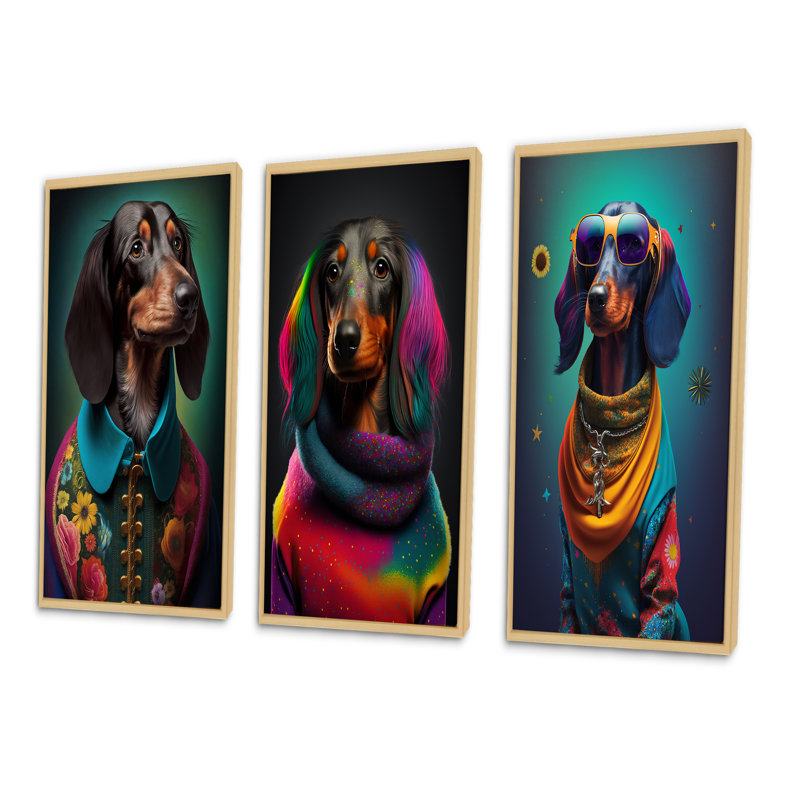 «Cool Dachshund In Rainbow Designer Pull VI», 3 pièces sur toile, Cadre naturel flottant, H 40 po x l 60 po