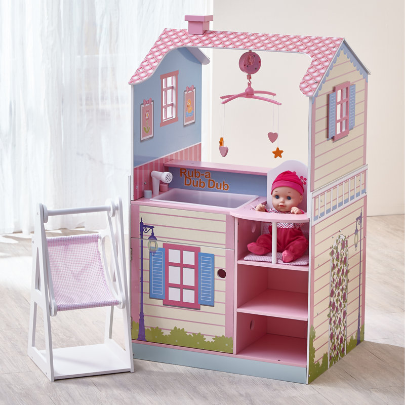 Teamson Kids 6-in-1 Baby Doll Changing Station With Swing, Highchair, Sink & Storage, Pink