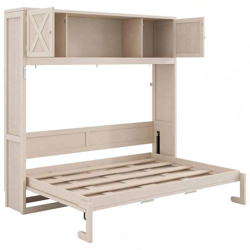 Grand lit escamotable avec armoires de rangement, Beige