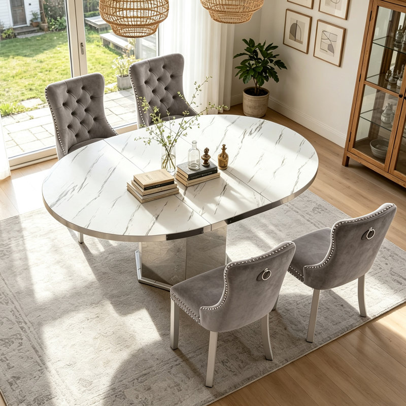 Round Faux Marble Dining Table Set, 47.24"-63" Extendable Oval Dining Table & Tufted Velvet Chairs, Modern Mirrored Kitchen Dining Room Table and Chairs Set