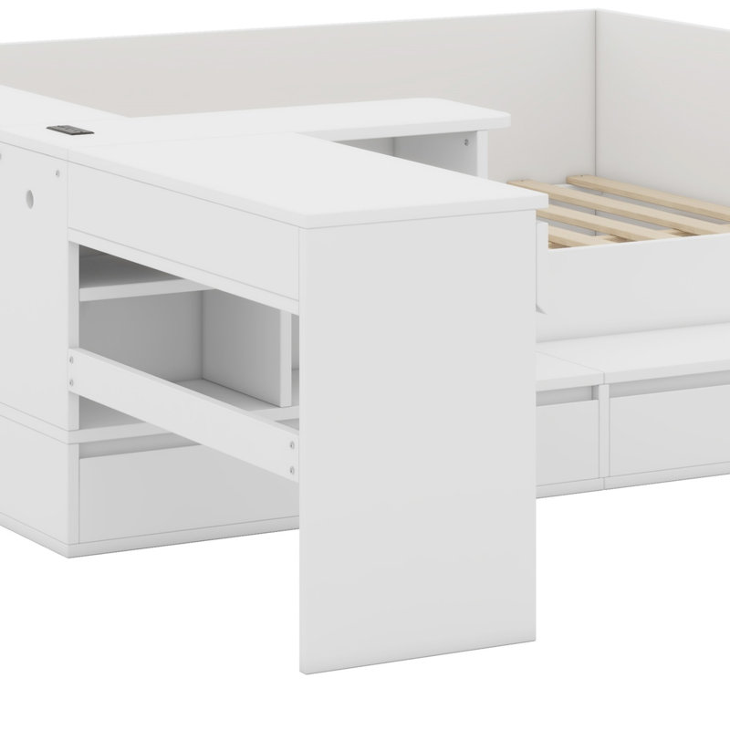 Lit plateforme en bois avec tiroirs, tablettes et coiffeuse, Blanc
