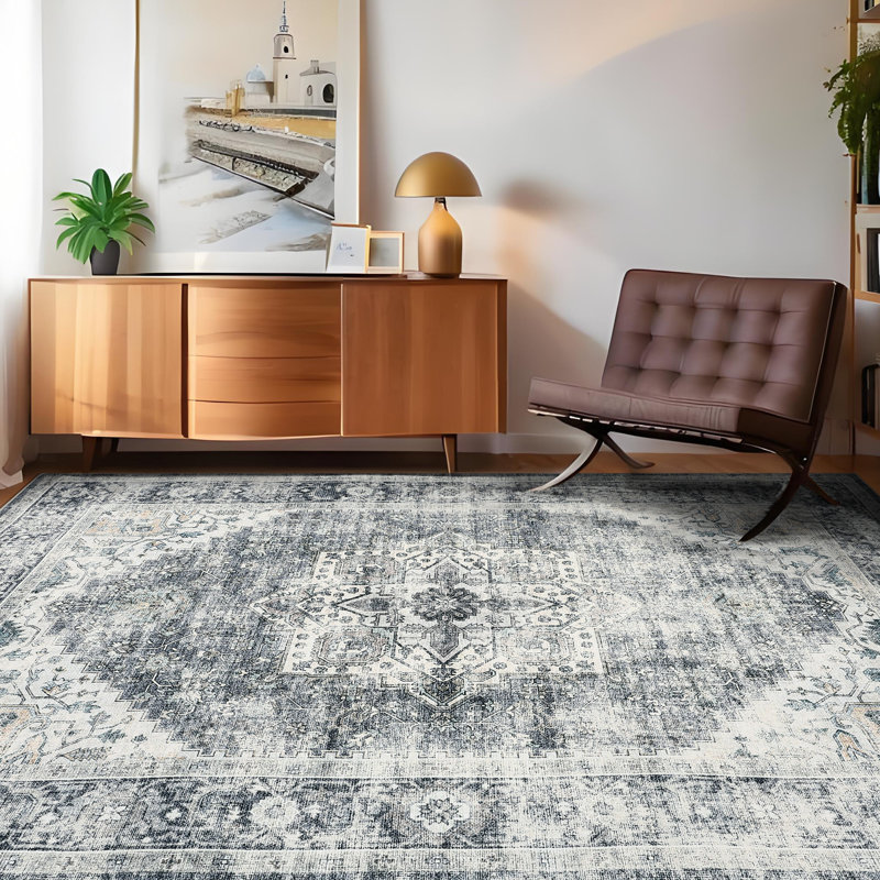 Oriental Machine Washable Area Rug with Rubber Backing for Living Room Non-Slip Indoor Carpet Low-Pile Rug for Bedroom Dining Room Hallway Kitchen Office Playroom Nursery