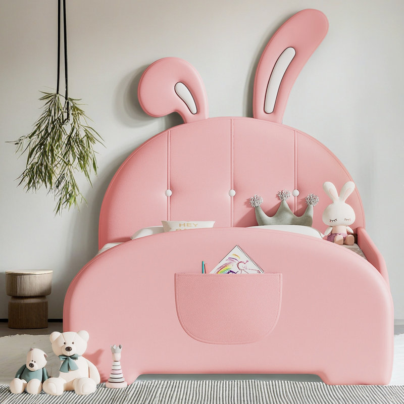 Twin Size Upholstered Rabbit-Shape Princess Bed, Pink