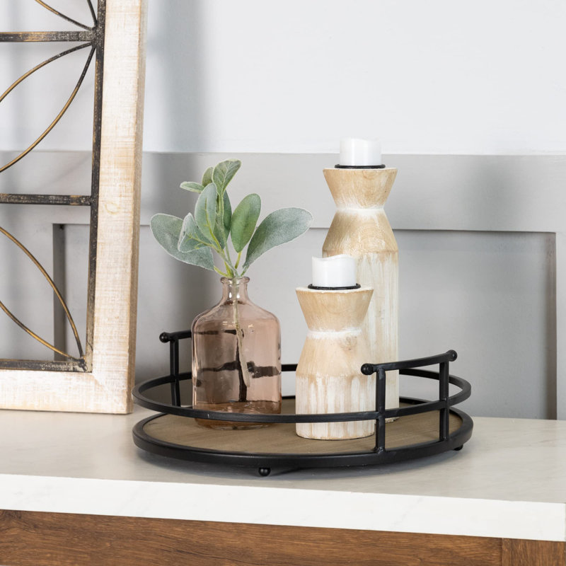 Plateau décoratif rond 12 po - Métal noir et plateau en bois pour table basse, meuble-lavabo, comptoir, décoration intérieure