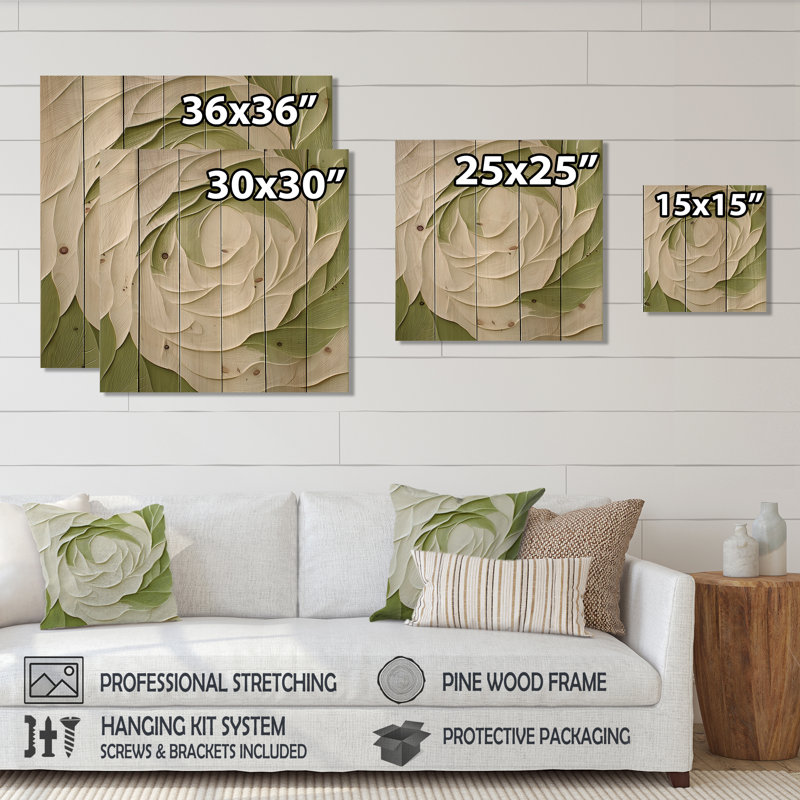 Abstrait blanc et vert, éclipse de rose - art mural traditionnel sur bois de pin naturel, H 30 po x l 30 po x P 0,78 po