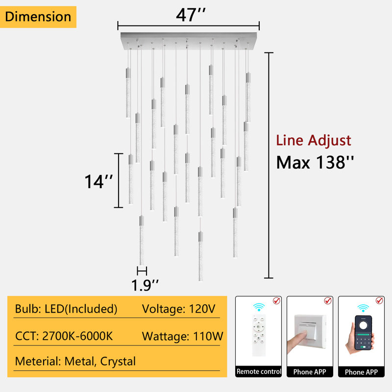 22-Light Modern Rectangular Led Dimmable Chandelier Nickel, Nickel