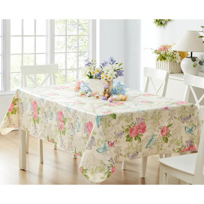 Easter Victoria Pastel Rose Floral Rectangle Vinyl Flannel Backed Tablecloth, Roses And Butterfly French Country Print Vinyl Tablecloth With Flannel Backing, Dining Party