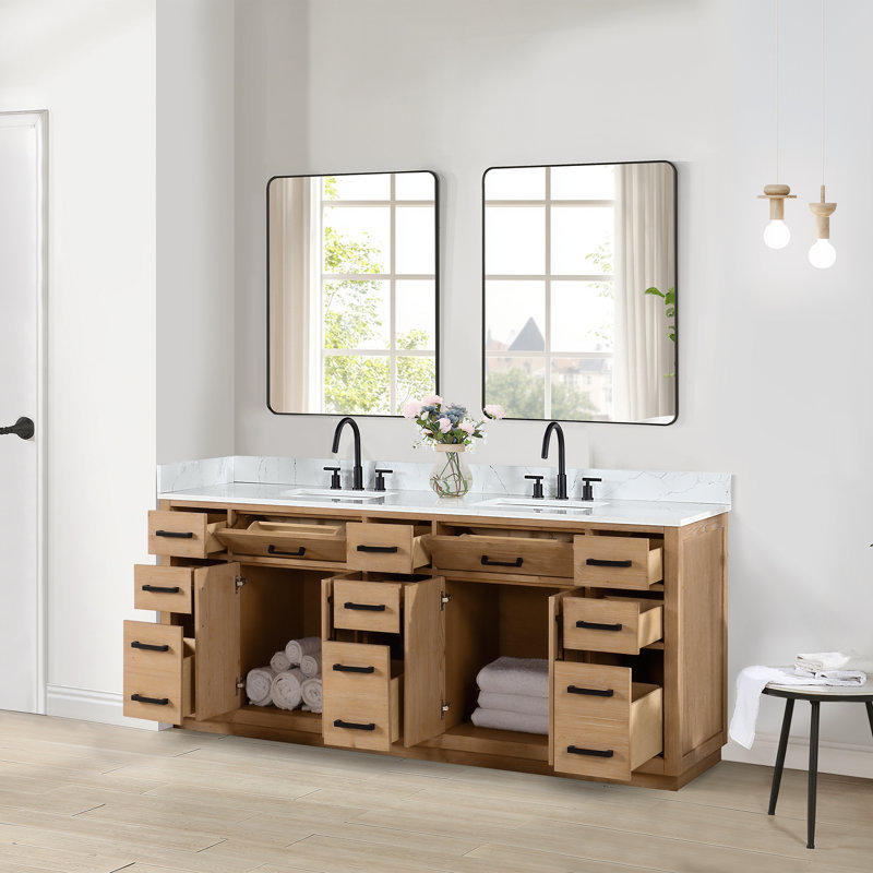 Gavino 84" W Double Bathroom Vanity Set with Mirror, Light Brown