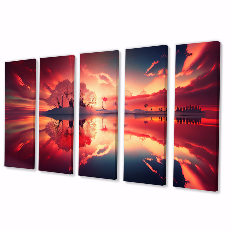 «Majestic Sunshine Over Snowy Winter Lake», reproduction d'art murale - 5 panneaux égaux