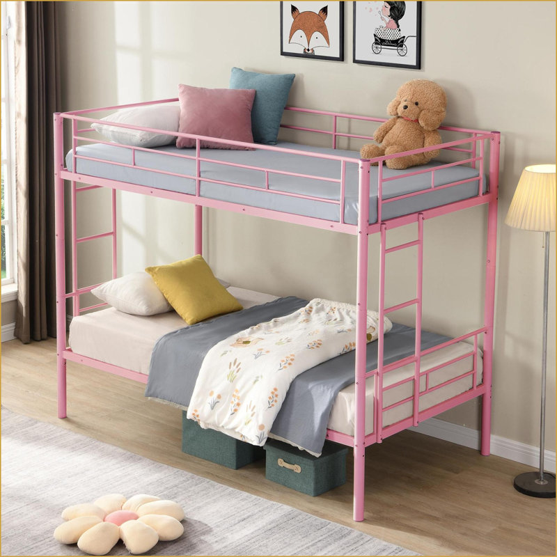 Lit superposé simple au-dessus d'un lit simple en métal - Structure rose robuste, aucun sommier nécessaire pour les chambres partagées