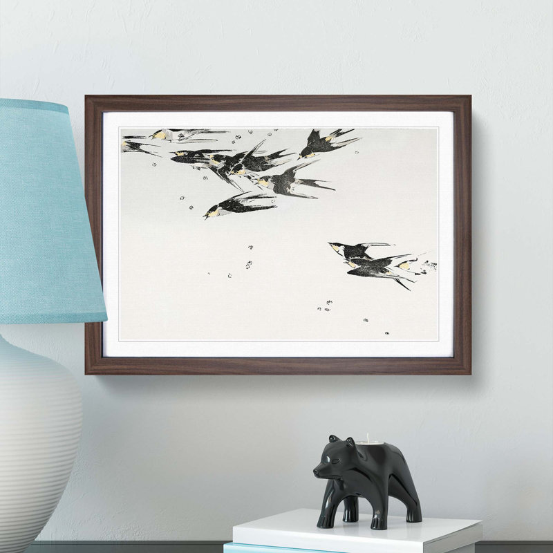 Flying Swallows by Watanabe Seitei - Framed Print, 48cm H x 65cm W x 2cm D, Walnut Framed