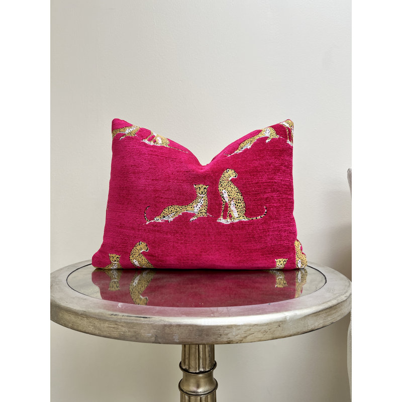 Chenille Embroidered Cheetah Lumbar Pillow Cover, Fuchsia