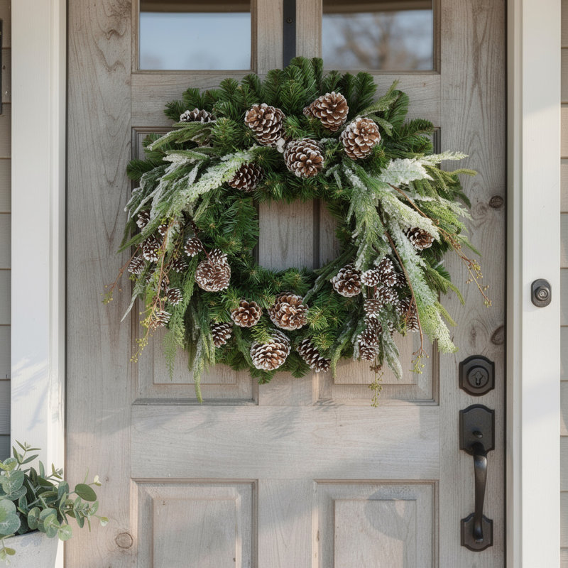 26" Holiday Evergreen Wreath With Snowy Branches And Pinecones