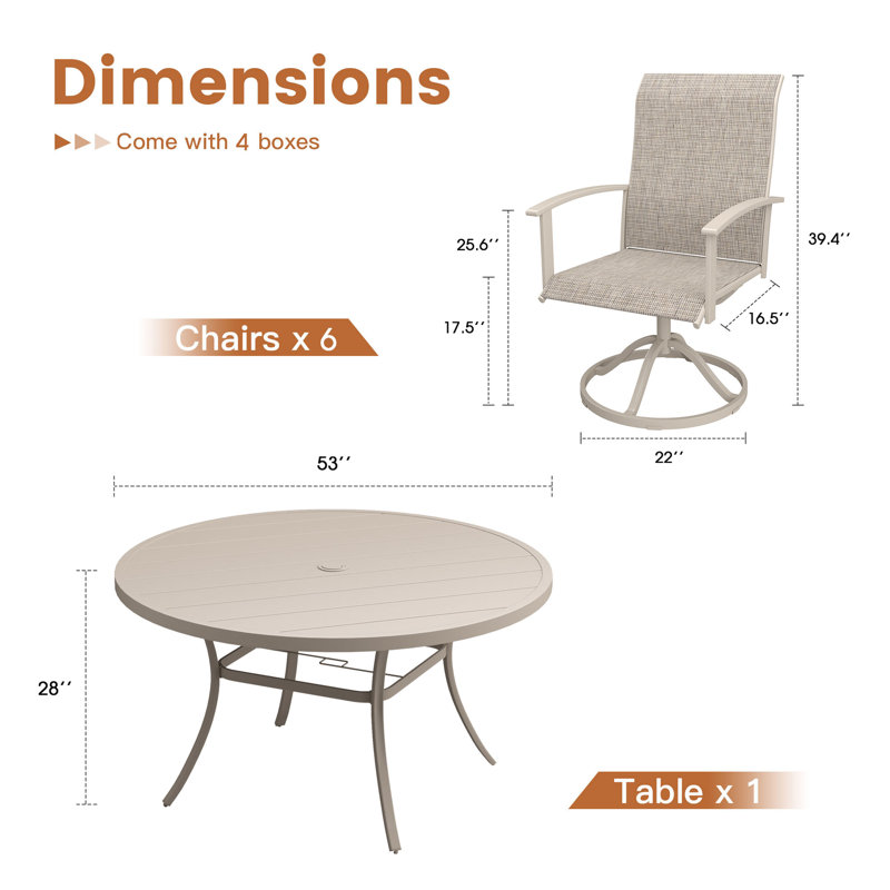 6-Person Outdoor Patio Dining Set with 53" Round Dining Table and 6 Swivel PVC-coated polyester Chairs, Sandshell