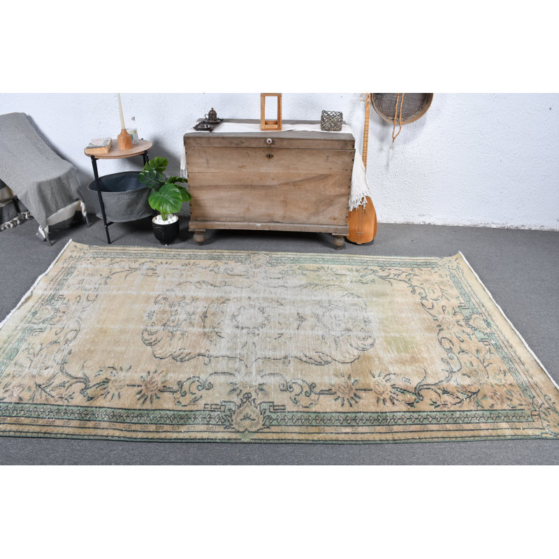 Grand tapis turc Oushak rétro beige décoloré pour un décor de chambre à coucher élégant beige / vert