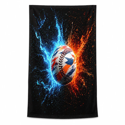 Serviette de baseball à explosion de 1 pièce, avec des éclaboussures d'énergie orange vif et bleu sur fond noir. Idéal pour les amateurs de sport, les amateurs de plage, la salle de sport, les activités de plein air et le design artistique unisexe.