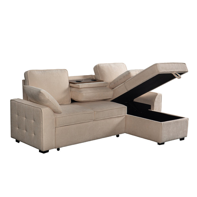 Canapé modulaire multifonctionnel à 3 places avec plateau amovible et porte-gobelets, chaise de rangement, dossiers réglables, revêtement en chenille douce, structure en bois beige pour plateau porte-espace, méridienne