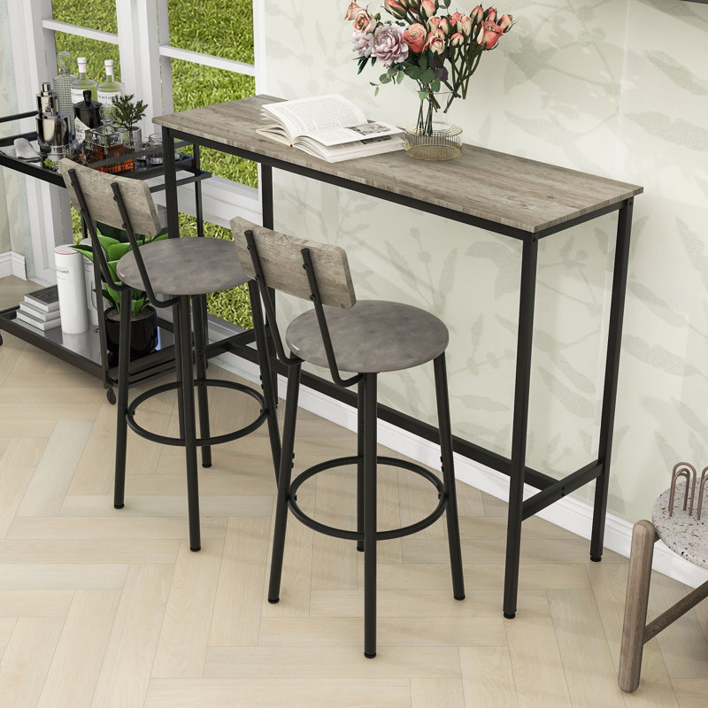 Ensemble de table de salle à manger 3 pièces, table rectangulaire rustique avec chaises rembourrées et patins réglables, Gris